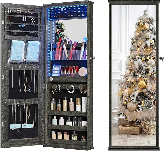 360° Swivel Jewelry Cabinet with Lights - RGB Vanity Mirror | Rotatable Full Length Mirror with Jewelry Storage, Standing Jewelry Armoire Organizer, Foldable Makeup Shelf, White (Dark Oak)