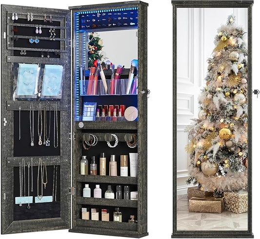 360° Swivel Jewelry Cabinet with Lights - RGB Vanity Mirror | Rotatable Full Length Mirror with Jewelry Storage, Standing Jewelry Armoire Organizer, Foldable Makeup Shelf, White (Dark Oak)