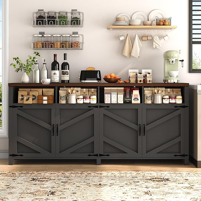 knoworld 63'' Buffet Sideboard with Storage Farmhouse with 4 Doors, Large Kitchen Storage Cabinet Wood Coffee Bar Cabinet Buffet Table with Shelves for Kitchen, Dining Room, Entryway