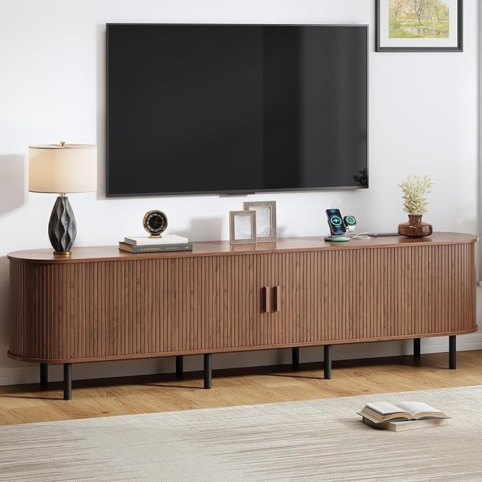 86.6" TV Stand with Power Outlet, Mid-Century Modern Television Stand, Fluted Media Console with Sliding Doors, Entertainment Center for TVs up to 90 Inch, Adjustable Shelves, Walnut