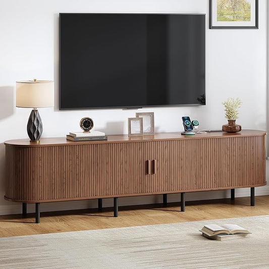 86.6" TV Stand with Power Outlet, Mid-Century Modern Television Stand, Fluted Media Console with Sliding Doors, Entertainment Center for TVs up to 90 Inch, Adjustable Shelves, Walnut