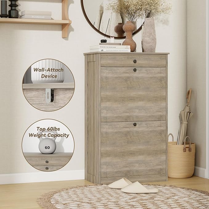 FTZxHKLX Shoe Cabinet with 2 Flip Drawers, Narrow Freestanding Shoe Storage Organizer, Slim Wooden Hidden Shoe Rack for Front Door Entrance, Closet, Hallway, Living Room, Rustic Gray