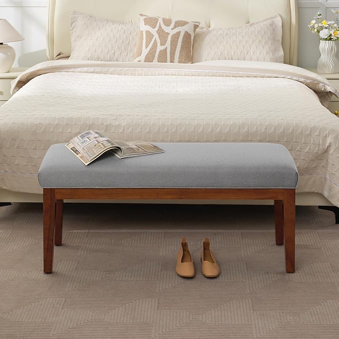 WUTUTUEE 43.5'' Linen Bedroom Bench, Upholstered End of Bed Bench, Padded Vintage Dining Bench, Entryway Bench with Solid Wood Legs, Kitchen, Living Room, Hallway, Light Grey