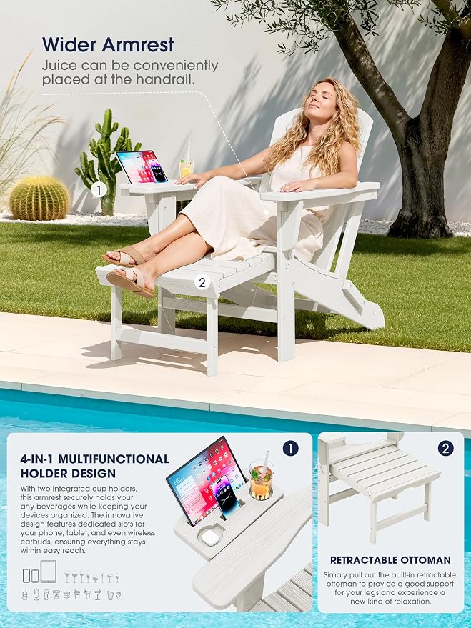 KINGYES Adjustable Folding Adirondack Chair with Footrest & 4-in-1 Multi-Functional Armrest Organizer, HDPE Recliner Adirondack Chair with Pull-Out Ottoman, White