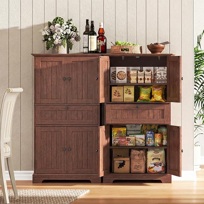 ChooChoo 51" H Tall Bathroom Floor Cabinet, Modern Bathroom Storage Cabinet with Drawer and Adjustable Shelves, Freestanding Kitchen Pantry Cupboard with 4 Doors for Living Room, Walnut