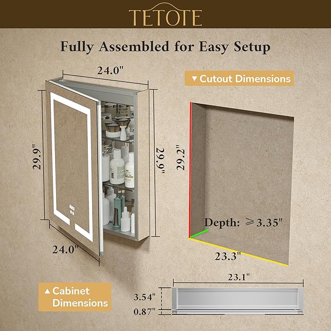 TETOTE 24 x 30 LED Lighted Medicine Cabinet with Lights & Outlets & USB, Recessed or Surface Mount Medicine Cabinet Mirror for Bathroom with Storage, Tempered Glass, 3-Color Dimming, Adjustable Shelf