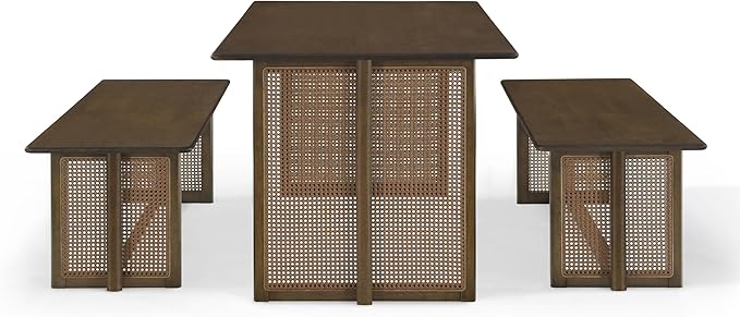 Merax Farmhouse Rubber Wood Dining Table Set for 3- Wood 70.87''L Rectangular Kitchen Table, 2 Dining Bench with Rattan Accents Legs for Kitchen, Living Room, Easy Assemble,Walnut