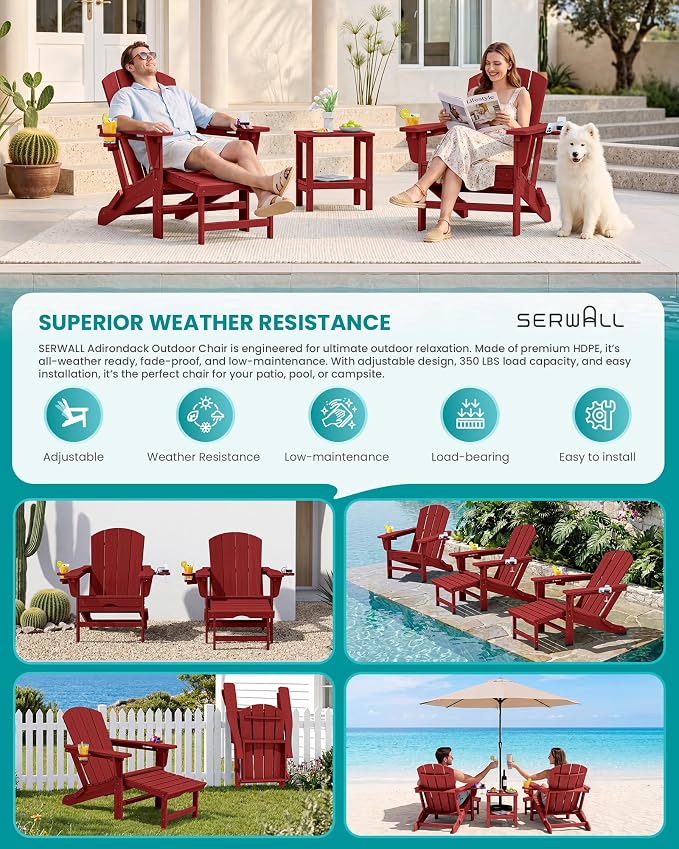 SERWALL Folding Adjustable Adirondack Chairs with Footrest Set of 2, HDPE Outdoor Chair with Dual Cup Holders, All Weather Adirondack Chair with Ottoman, Red