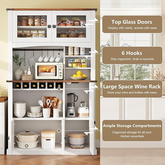 Einhomn 71" Tall Kitchen Pantry Cabinet with Charge Station, 3 Adjustable Shelves, Wine Rack and Glass Door, Kitchen Hutch for Dining Room, Kitchen and Living Room, White