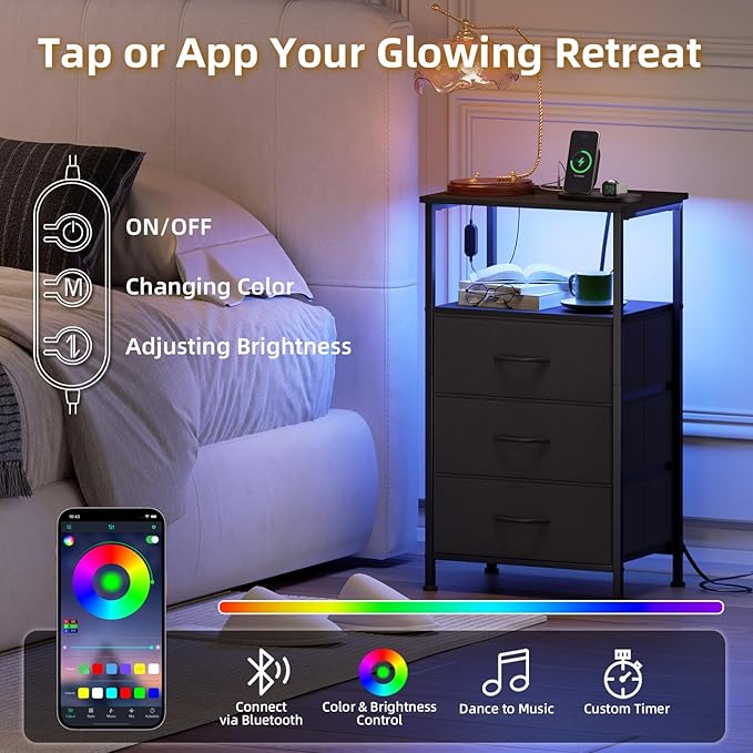 Somdot Black Nightstand with Charging Station and LED Light for Bedroom, Tall 3 Drawers Dresser with Fabric Bins for Bedside Kids Dorm Room Closet Laundry Entryway, Black