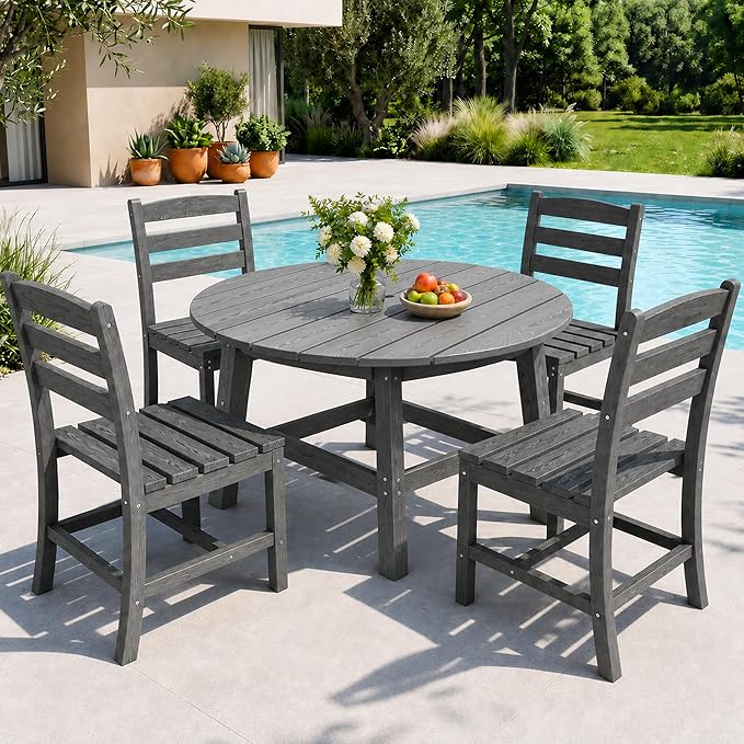 Pamapic 5 PCS Round Outdoor Dining Set, HDPE Outdoor Table and Chairs with 105° Ergonomic Backrest, Wood Grain Patio Dining Table with Umbrella Hole, Gray