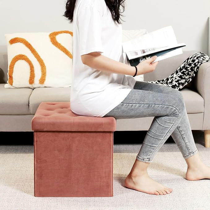 B FSOBEIIALEO Storage Ottoman Cube, Velvet Tufted Folding Ottomans with Lid, Footstool Rest Padded Seat for Bedroom (Warm Red, Medium)