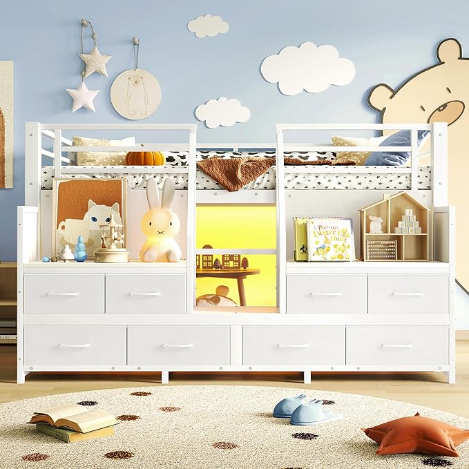Bellemave Twin Size Loft Bed with 8 Non-Woven Fabric Storage Drawers and Bookshelf, Low Loft Bed with Lights and Private Play Curtain, Twin Loft Beds with High Rails, Noise Reduced White