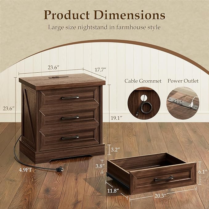 AODK 24 Inch Farmhouse Nightstands with Charging Station, Wide Bedside Tables with Three Drawers, Bed Side Table with Storage, End Tables with Outlet and USB for Bedroom, Living Room, Dark Walnut