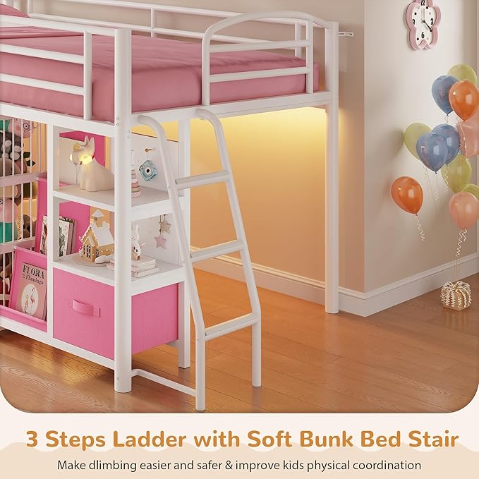 Low Loft Bed Twin Size with 4 Storage Drawers and LED Lights, Twin Loft Bed with Sling Bookcase & Toy Storage, Kids Twin Beds with Anti-Collision Pad & Play Curtain, Under-Bed Play Space, Pink+White