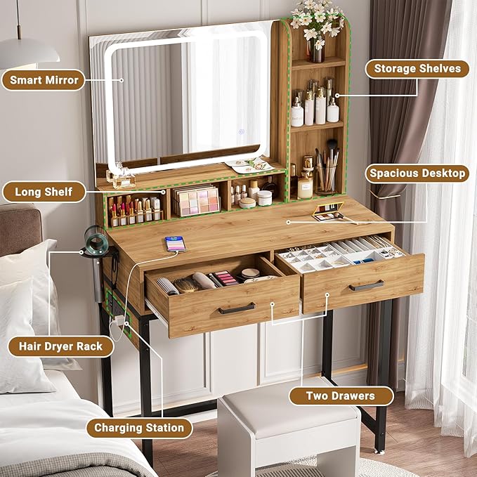 Small Vanity Desk, Vanity Desk with Mirror and Lights, Makeup Vanity Desks with Power Strip, Vanity Table with Drawers and Shelves, Adjustable Lighting, Dressing Table for Bedroom Room, Nature Oak