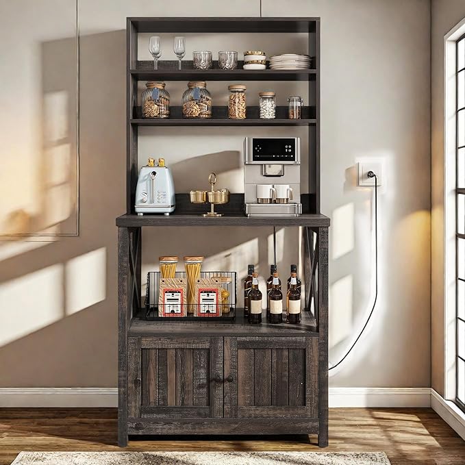YITAHOME Bakers Rack with Power Outlet and Storage Cabinet Door, 5-Tiers Kitchen Tall Microwave Stand, Farmhouse Small Pantry Hutch, Thickened Counter Coffee Bar Station with Shelves, Black Oak