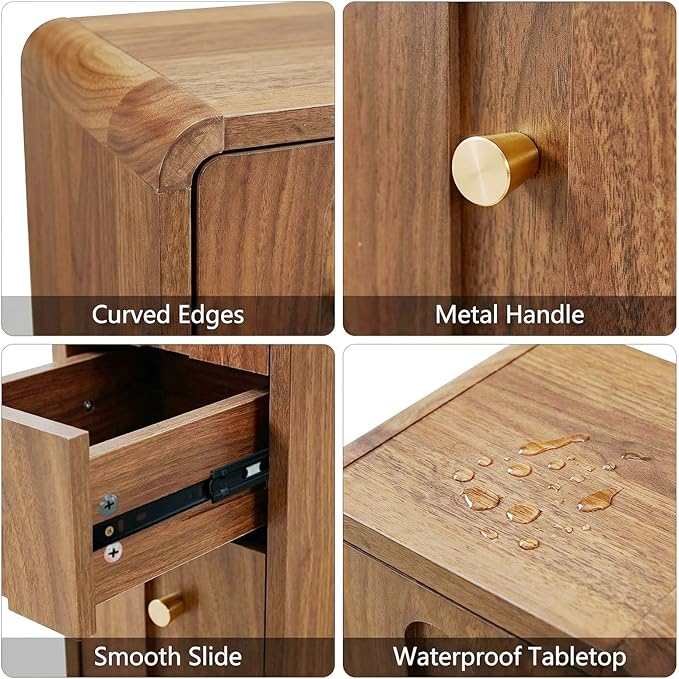 Narrow Nightstand Set of 2, Small Bedside Table with 3 Drawers, Mid Century Modern Skinny Night Stand with Storage, Wood Slim Side Table for Bedroom, Small Spaces, Living Room (Walnut-2pcs)