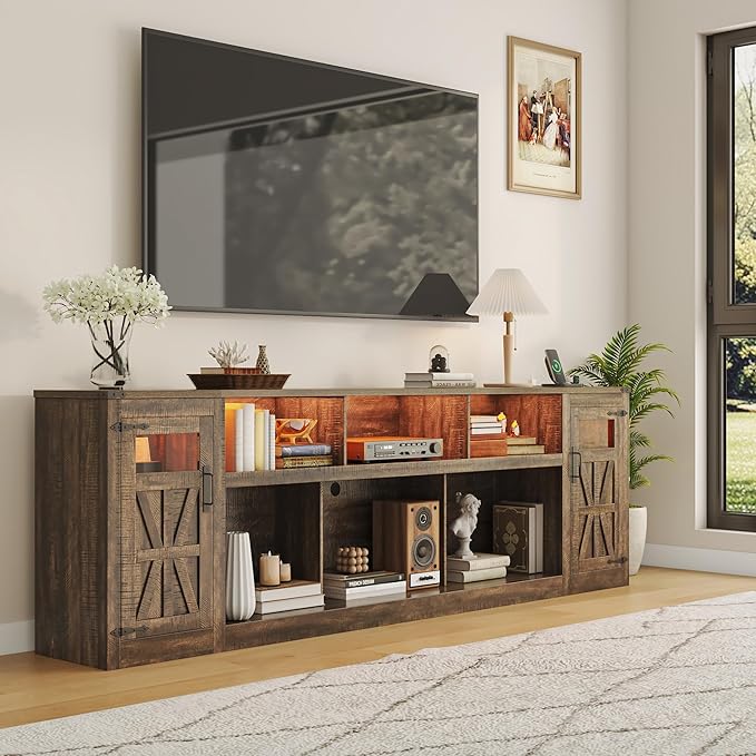 chartustriable Farmhouse TV Stand for 100 Inch TV,95" Entertainment Center w/LED Light,Large Media Console Cabinet w/Rustic Barn Doors,Power Outlets,Adjustable Shelves for Living Room,Brown