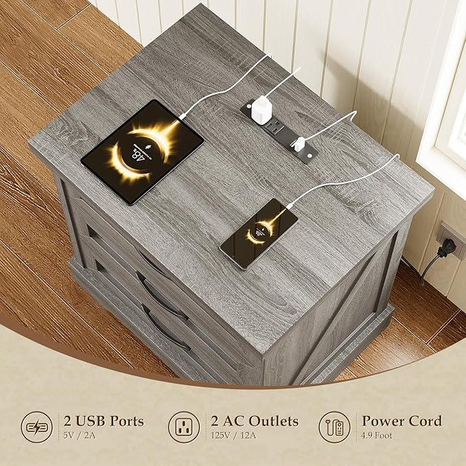 AODK Farmhouse Nightstands Set of 2, 24 Inch Bedside Tables with Charging Station, End Tables with Three Drawers, Bed Side Tables with Outlet and USB for Bedroom & Living Room, Oak Grey