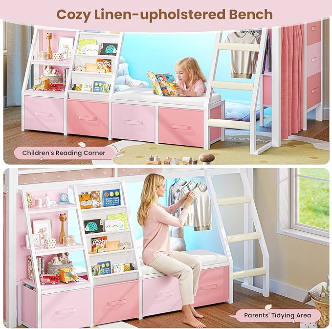 MSmask Low Loft Bed with 7 Storage Drawers & Reading Nook, Kids Twin Loft Bed with Bookshelf, LED Lights & Safety Guardrail, Loft Bed Twin Size with 35.8''H Play Space, Inclined Ladder, White & Pink