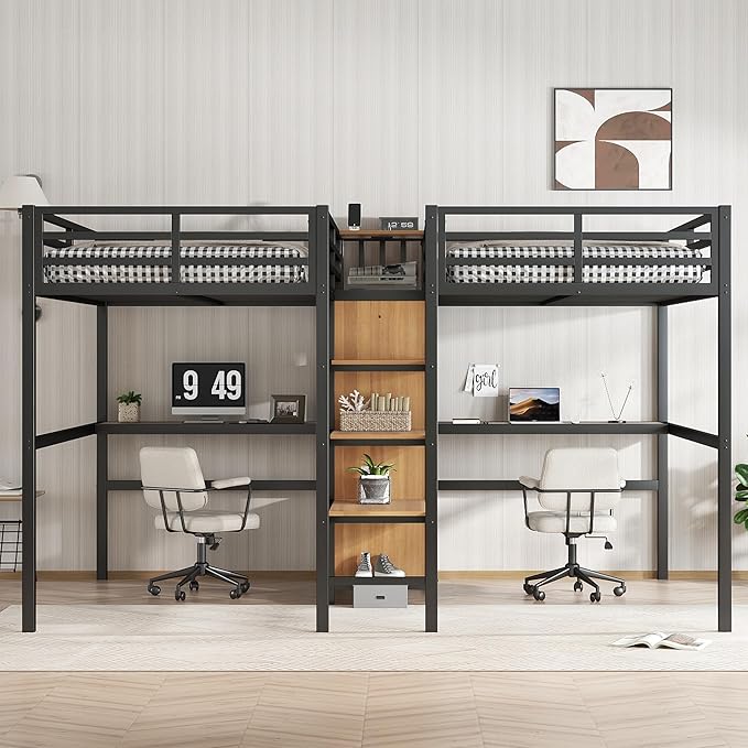 Harper & Bright Designs Twin Over Twin Loft Bed with Desk and Shelves, Metal Loft Bed with Wardrobe and Charging Station for Kids Teens, Space Saving, Noise Reduction, Black+Nature