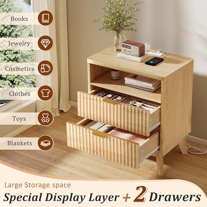 LYNCOHOME Fluted Nightstand with Charging Station, 19.7 inch Wide End Table with 2 Drawers, Modern Wood Bedside Table for Bedroom, Night Stand Set of 2,Natural