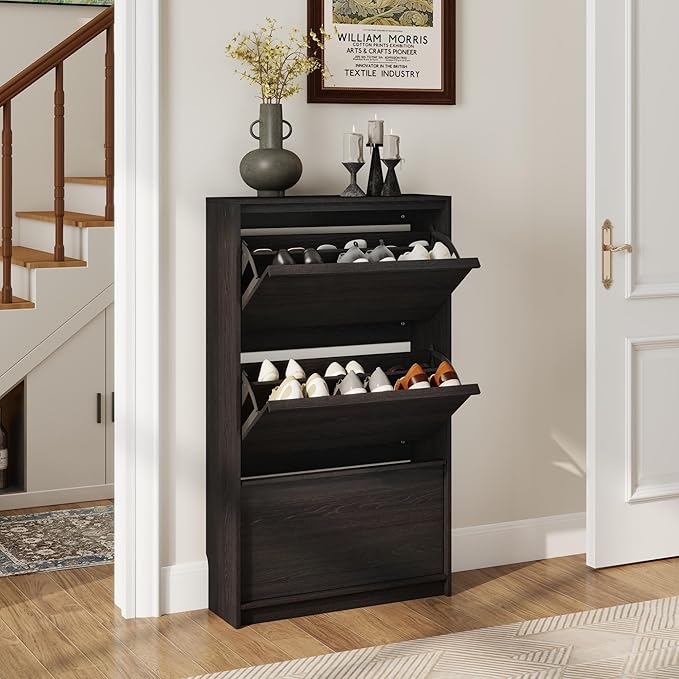 Shoe Cabinet with 3 Flip Drawers, 23.62" W Narrow Shoe Storage Cabinet for Entryway, Slim Shoe Organizer with Adjustable Shelves, Freestanding Shoe Rack for Hallway, Living Room, Black