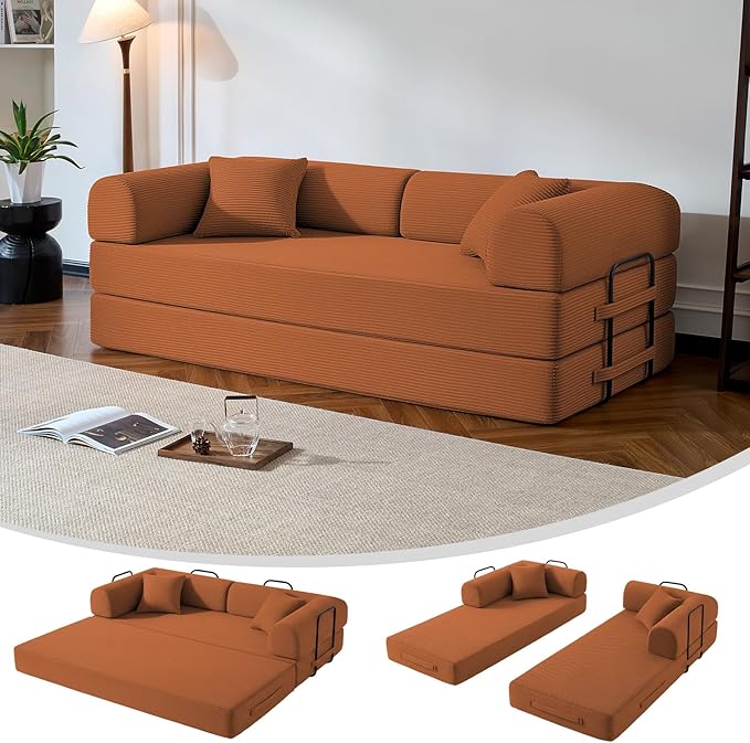 79" Compressed Sofa, Convertible Sofa Bed, Corduroy Compression Boneless Couch with Pillow, Comfy Modular Foldable Floor Sleeper Sofa for Bedroom, Living Room, Lounge, Studio (Orange)