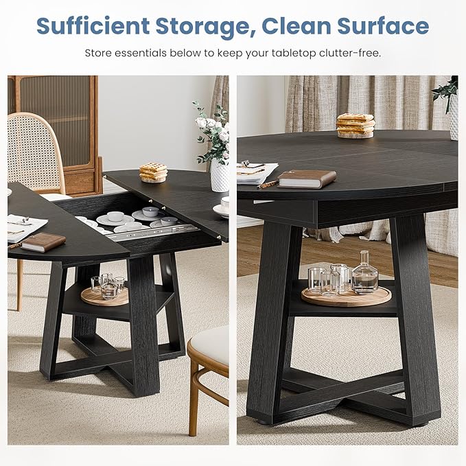 DUMOS Extendable Round Dining Table for 4-8, Modern Kitchen Oval Dinner Table with Storage Shelf, Wood Pedestal Table, Space Saving Modern Style, Black