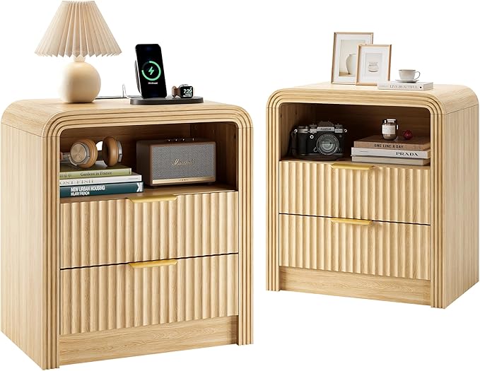 Decofy Fluted Nightstand Set of 2 with Charging Station, 19.7'' Wide Morden End Table with USB/Type-C Ports, 2 Drawers & Open Shelf, Curved Profile Design, Wood Bedside Table for Bedroom (Oak)