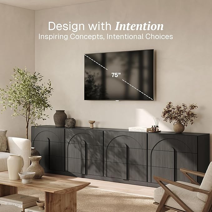BELLEZE Sideboard Cabinet with 3 Drawers, Set of 4 Modern Wood Buffet Cabinet with Arc Design, Large Fluted Sideboard with Storage for Dining Room Living Room Entryway, Ebony