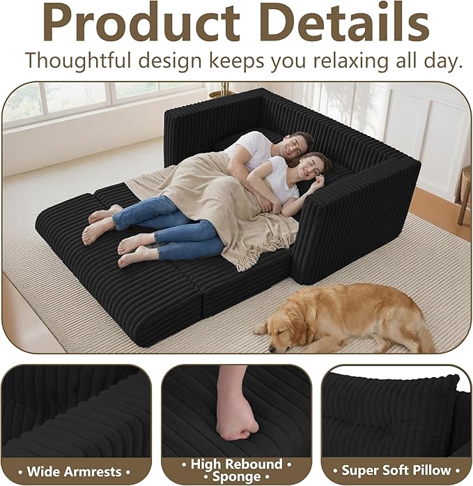 HABUTWAY 49.8" Loveseat Boneless Couch, 4-in-1 Convertible Sofa Bed, Plush Fur Folding Futon Sofa Bed Couches with a Pillow for Living Room, High-Density Foam Support, No Assembly Required, Black