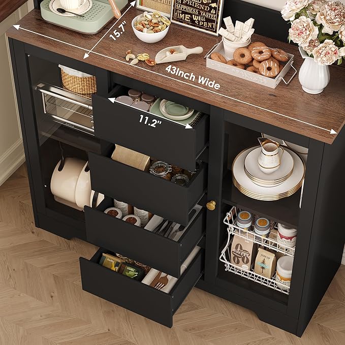 HIFIT 71" Tall Coffee Bar Cabinet with Storage and Large Countertop, Kitchen Hutch with 4 Drawers & 5 Metal Hooks & 4 Doors & Microwave Stand, Black Kitchen Pantry Cabinet for Dining Room