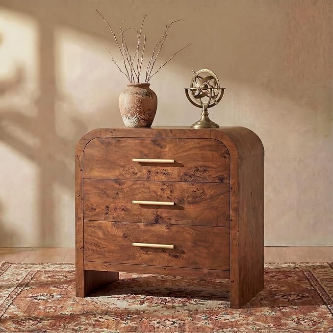 Farmhouse Nightstand, 23.5" Curved Modern Night Stand with 3-Drawer, Bedside Table, End Table for Bedroom, Storage Cabinet for Home Office Entryway, Dark Burl