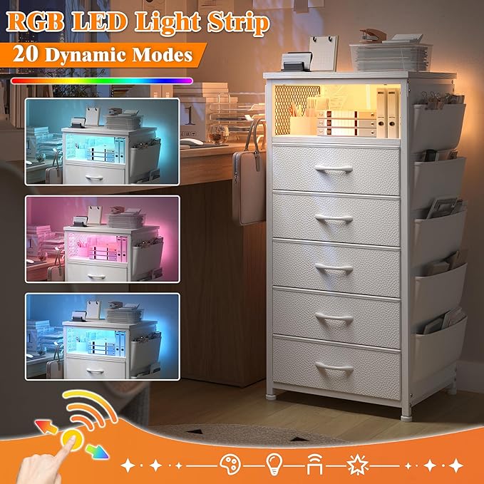 EnHomee Tall Nightstand Set of 2, Bedside Table with Charging Station and LED Light, Night Stand with Extra Side Bag & Hooks, Bedroom, Closet, Hallway, Entryway, White