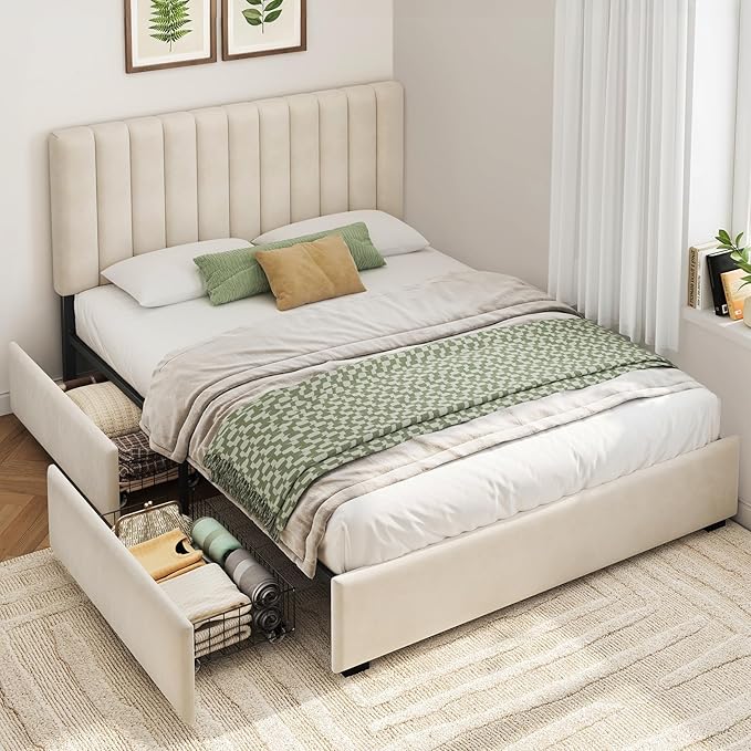 Welzona Queen Bed Frame with Storage and Headboard, Velvet Upholstered Metal Platform Corner Bed with Vertical Tufted Headboard, 2 Storage Drawers, 3-Height Level, Noise Free, Easy Assembly, White