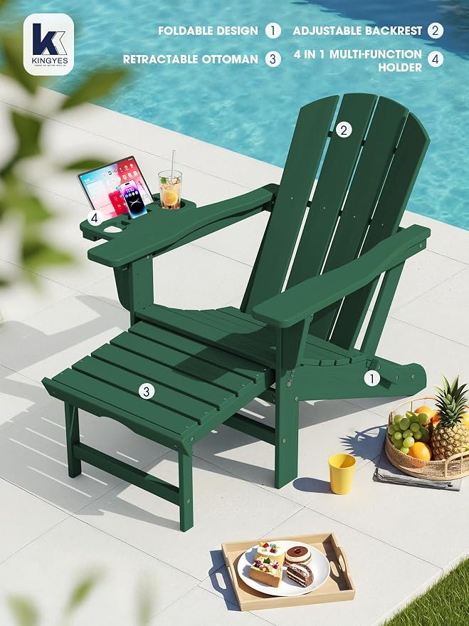 KINGYES Adjustable Folding Adirondack Chair with Footrest & 4-in-1 Multi-Functional Armrest Organizer Set of 4, HDPE Foldable Recliner Adirondack Chair with Pull-Out Ottoman, Green