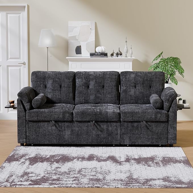 Convertible Sleeper Sofa Bed, 63 Inch Chenille Pull Out Couch with Side Table & Adjustable Backrest, Sectional Sleeper Sofa with Pull Out Bed for Living Room, Apartment, Black