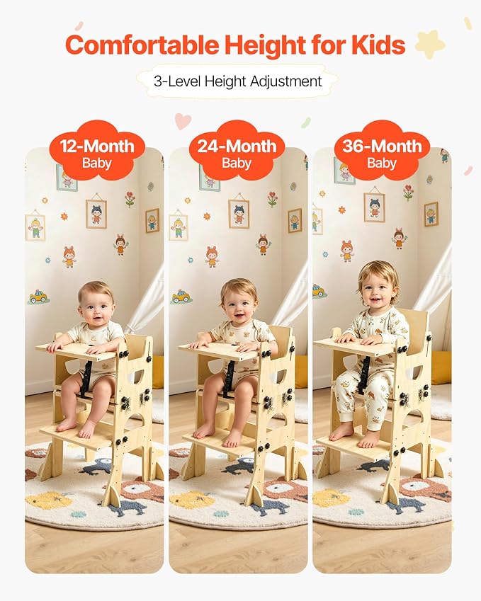 VEVOR 5-in-1 Toddler Kitchen Step Stool, Foldable Learning Standing Tower with Blackboard & Whiteboard, Wooden High Chair with Adjustable Back & Footrest, Kitchen Stool Helper with Detachable Stool