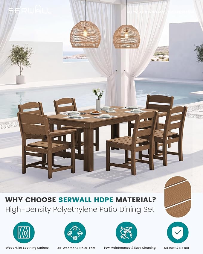 SERWALL Outdoor Dining Table Set, 67‘’ HDPE Patio Dining Set for 4, All-Weather Outdoor Table and Armless Chairs Set for Deck, Brown