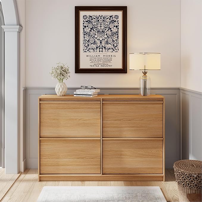 Shoe Cabinet with 4 Flip Drawer, 47.24" W Shoe Storage Organizer Cabinet for Entryway, Narrow, Slim Freestanding Shoe Rack with Adjustable Shelf, Wooden, Morden Living Room,Hallway, Oak