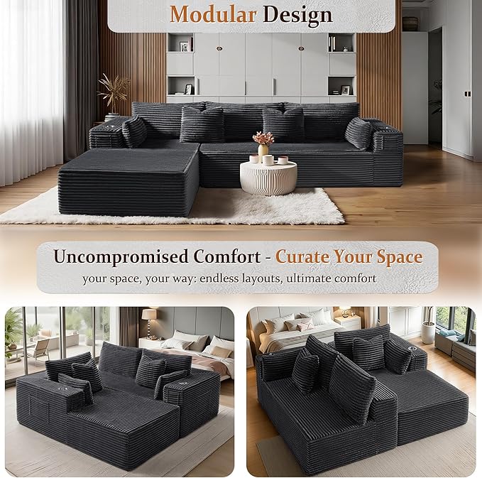 108" Oversized Cloud Sectional Couch, Comfort L Shaped Boneless Couch for Living Room, Extra Deep Seats No Assembly, Minimalist Modular Sofa, Corduroy (Dark Grey, 2 Seater+Right Facing Chaise)