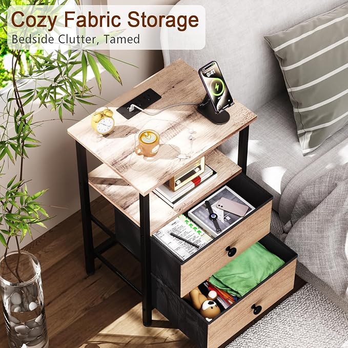 LOAKEKEL Night Stand, Nightstand with Charging Station, Slim Industrial Bedside Table with 2 Fabric Drawers, Small End Table with USB & Type-C Ports for Bedroom, Grey, HETS020GY-1