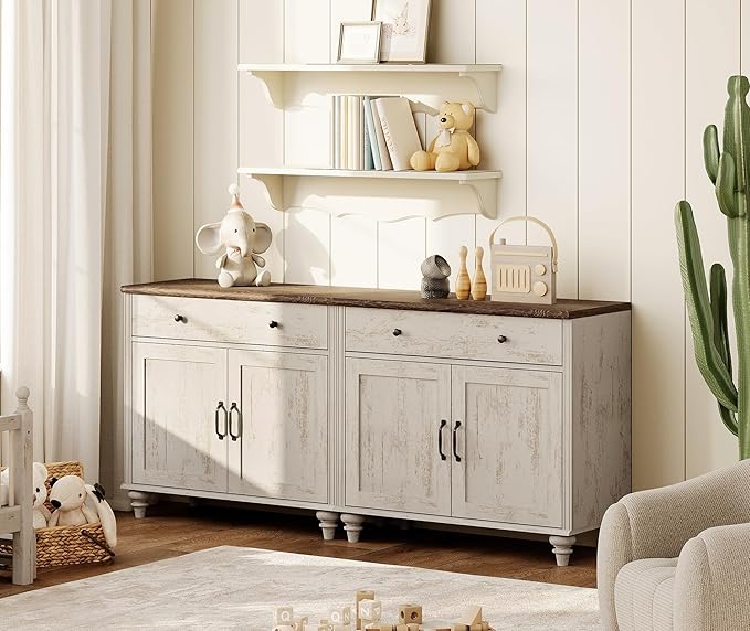 WAMAPT Modern Buffet Cabinet with 4 Doors and 2 Drawers, Large Coffee Bar Table Wood Kitchen Storage Cabinets, Farmhouse Sideboard Credenza for Dining Room, Rustic White
