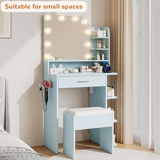 wanan Makeup Vanity with Chair, Small Vanity Desk with Mirror and Lights 3 Colors, Girls Vanity Set with Power Outlet, Compact Vanity Table for Small Space, Sky Blue