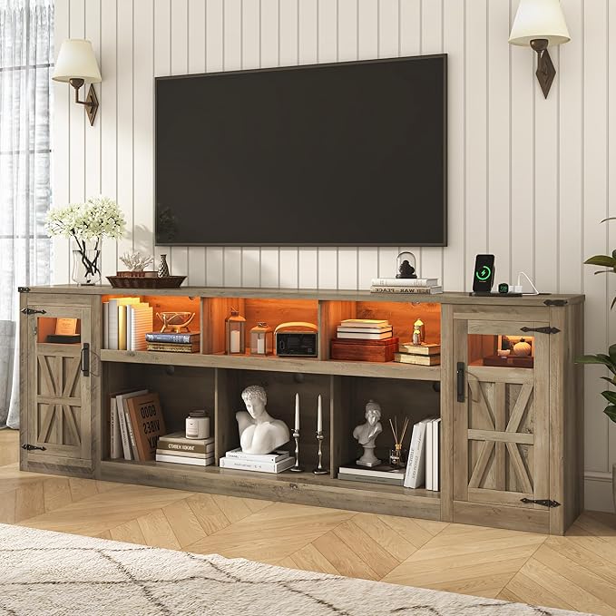chartustriable Farmhouse TV Stand for 100 Inch TV,95" Entertainment Center w/LED Light,Large Media Console Cabinet w/Rustic Barn Doors,Power Outlets,Adjustable Shelves for Living Room,Grey