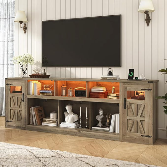 chartustriable Farmhouse TV Stand for 100 Inch TV,95" Entertainment Center w/LED Light,Large Media Console Cabinet w/Rustic Barn Doors,Power Outlets,Adjustable Shelves for Living Room,Grey