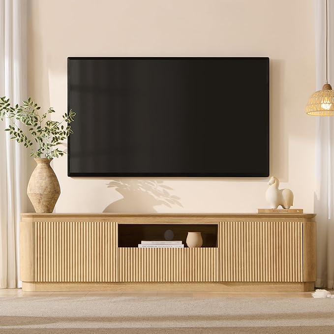 70" Fluted TV Stand for TVs Up to 80", Mid Century Modern Entertainment Center with Drawer, Storage Cabinet, Open Shelf, Wood Low Profile Media TV Console for Livingroom, Natural Oak