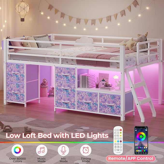 ADORNEVE Low Loft Bed Twin Size with 7 Storage Drawers, Bookcase and LED Lights, Metal Kids Loft Bed with 14" H Safety Guardrail,Inclined Ladder and Play Curtain, Under-Bed Play Space, Purple
